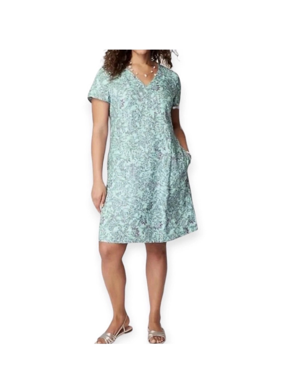 J. Jill Mint Green Printed V‑Neck Short Sleeve Dress